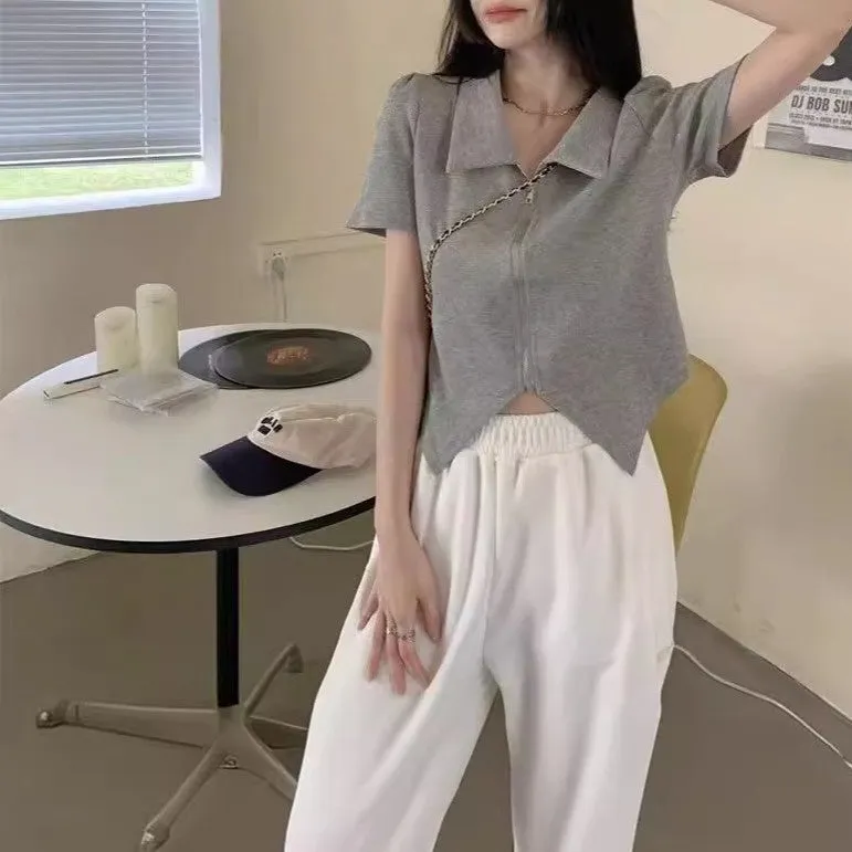 Grey Zip Up Collared Top