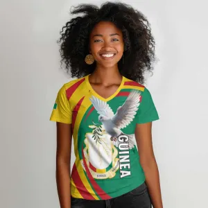 Guinea Women V-Neck T-Shirt Coat Of Arms With Pigeon - Kente Pattern LT15