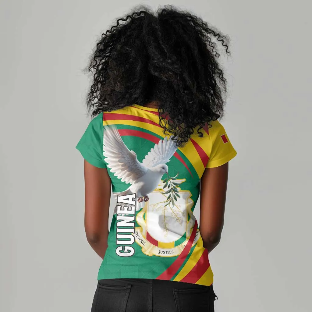 Guinea Women V-Neck T-Shirt Coat Of Arms With Pigeon - Kente Pattern LT15