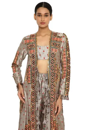 Hana Grey Colour Bandhani Silk Embroidered Jacket With Bustier And Jogger Pants