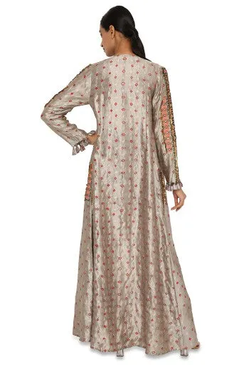 Hana Grey Colour Bandhani Silk Embroidered Jacket With Bustier And Jogger Pants