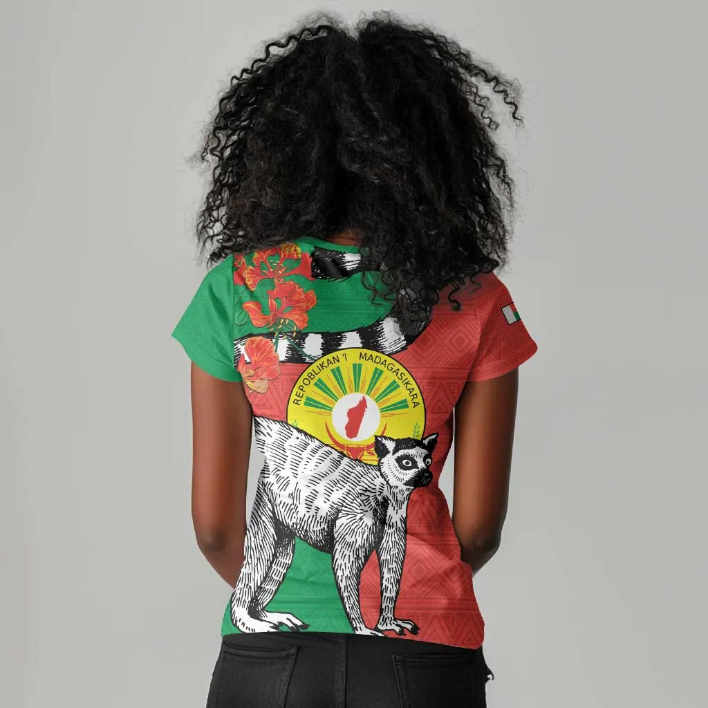 Happy Madagasikara Independence Day Women V-Neck T-Shirt Ring-Tailed Lemur With Seal LT15
