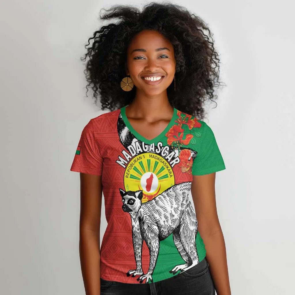 Happy Madagasikara Independence Day Women V-Neck T-Shirt Ring-Tailed Lemur With Seal LT15