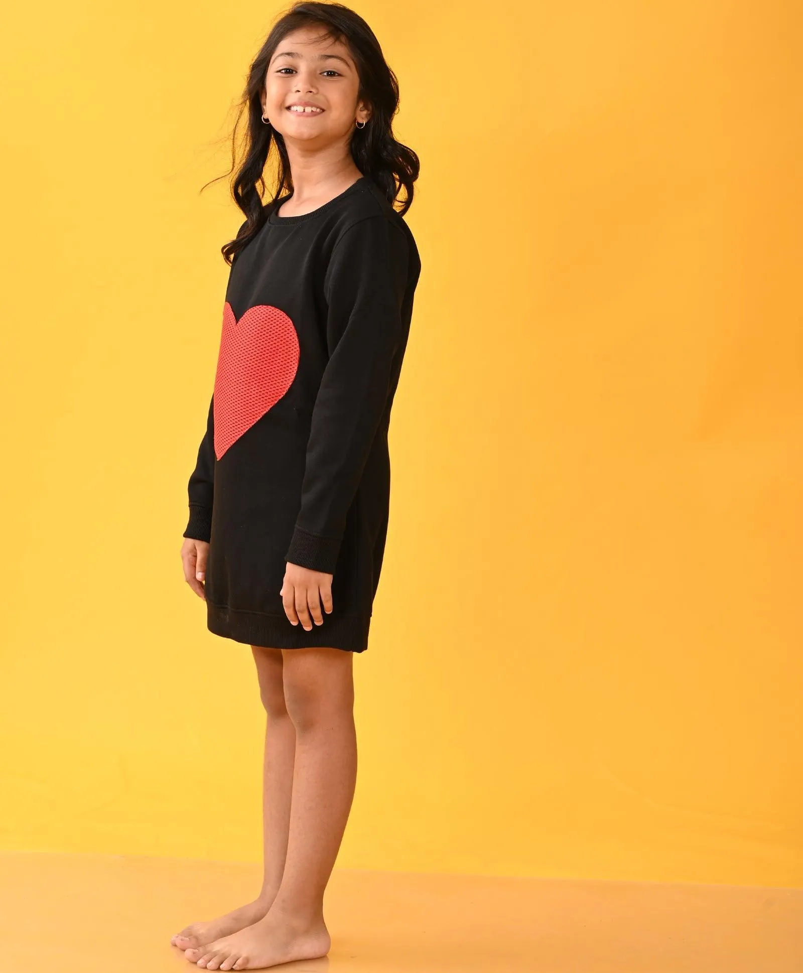 HEART SWEATSHIRT FLEECE  DRESS D - BLACK