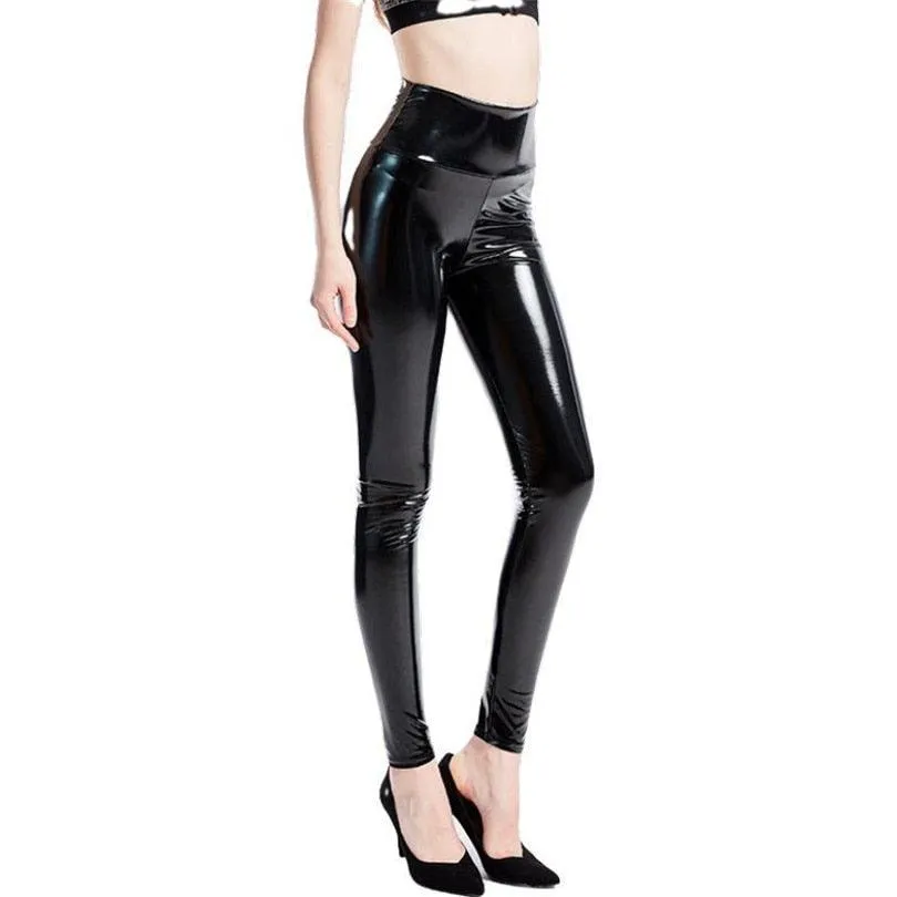 High-Waist Elastic PU Leather Leggings with Push-Up Effect - Black