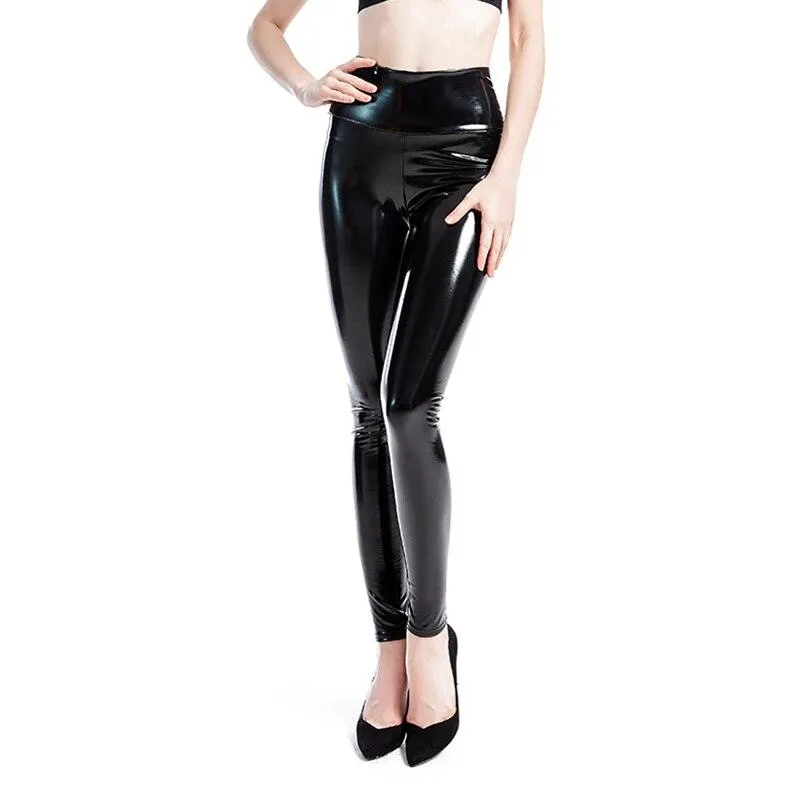 High-Waist Elastic PU Leather Leggings with Push-Up Effect - Black