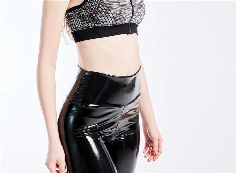 High-Waist Elastic PU Leather Leggings with Push-Up Effect - Black