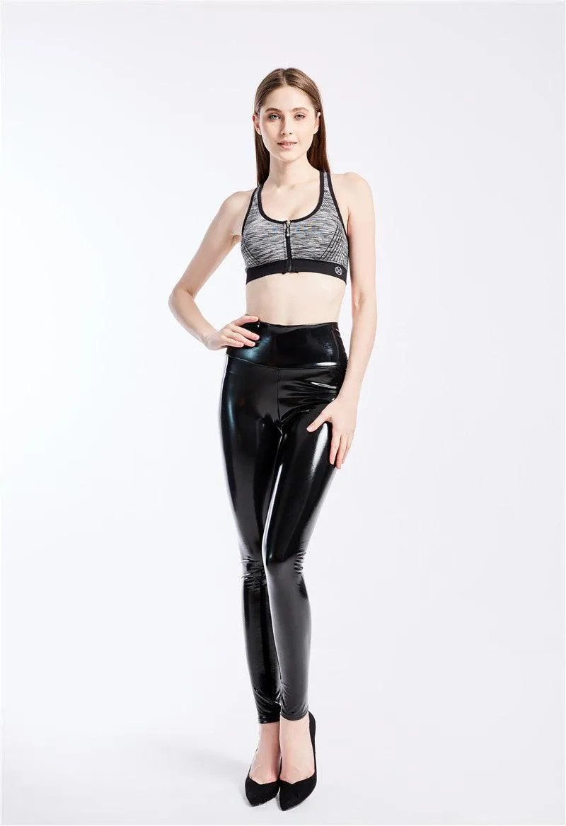 High-Waist Elastic PU Leather Leggings with Push-Up Effect - Black