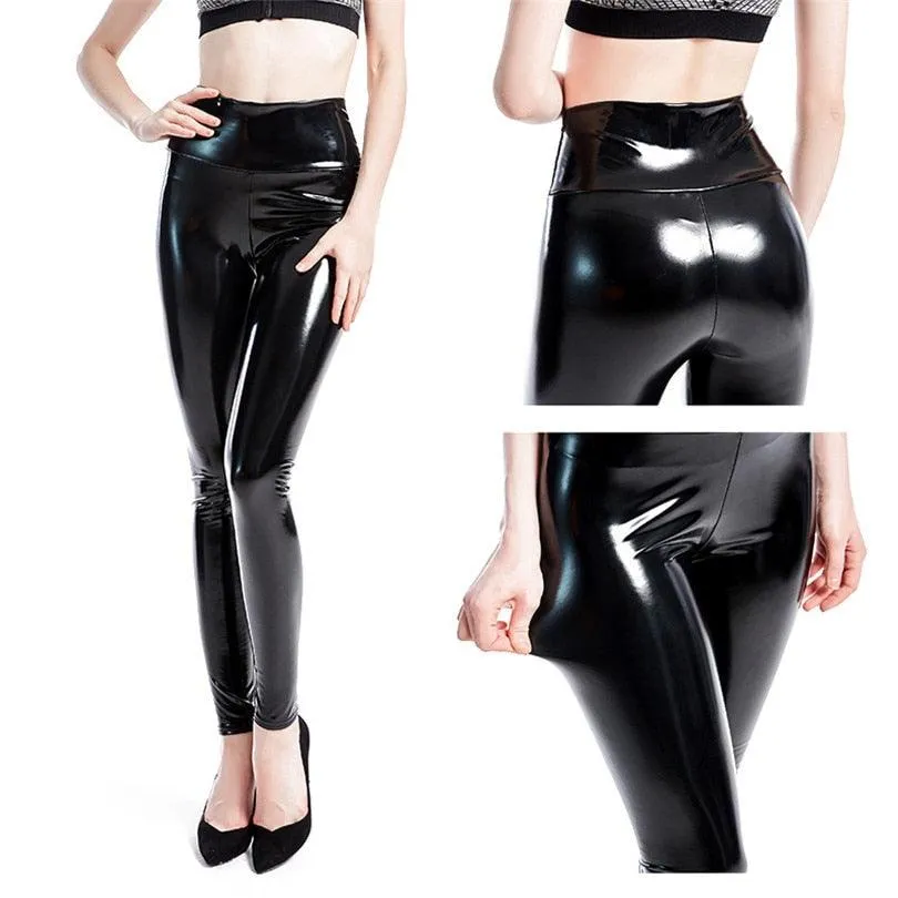 High-Waist Elastic PU Leather Leggings with Push-Up Effect - Black