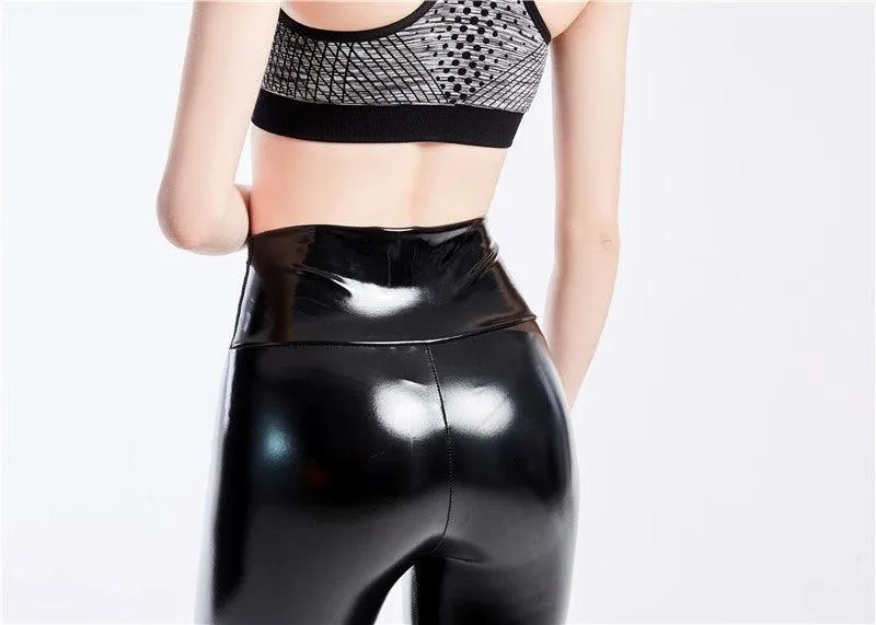High-Waist Elastic PU Leather Leggings with Push-Up Effect - Black