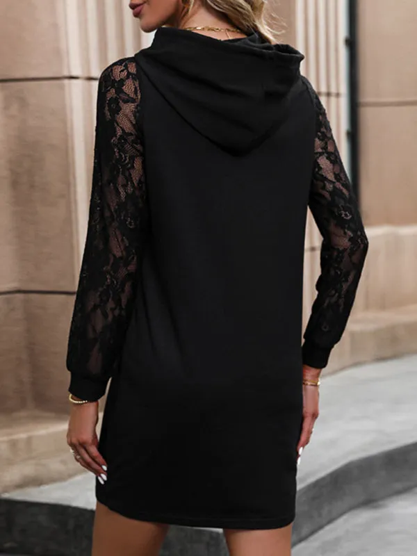 Hooded Sweatshirt Dress with Lace Sleeves and Solid Print