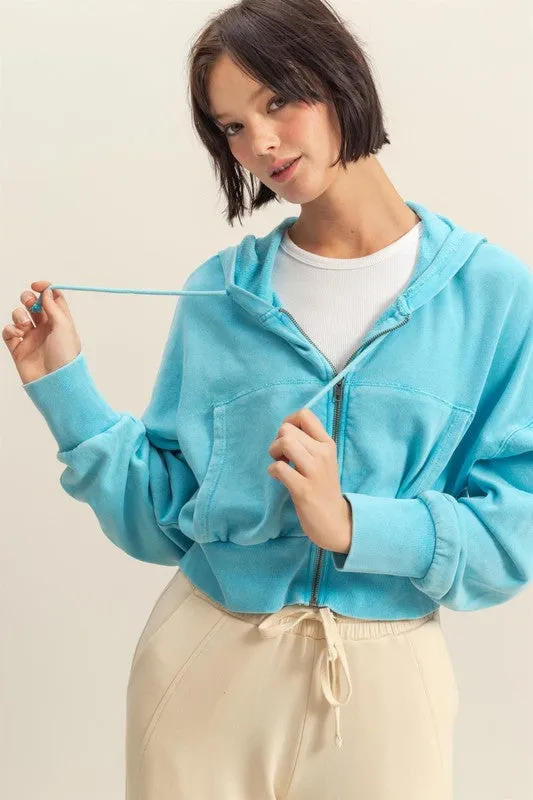 HYFVE Drawstring Zip Up Washed Cropped Hoodie