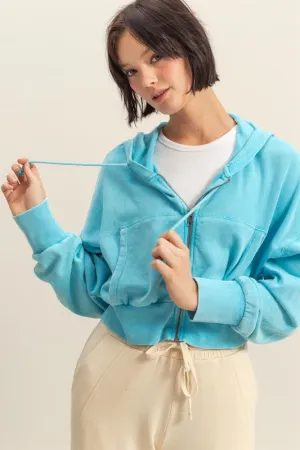 HYFVE Drawstring Zip Up Washed Cropped Hoodie