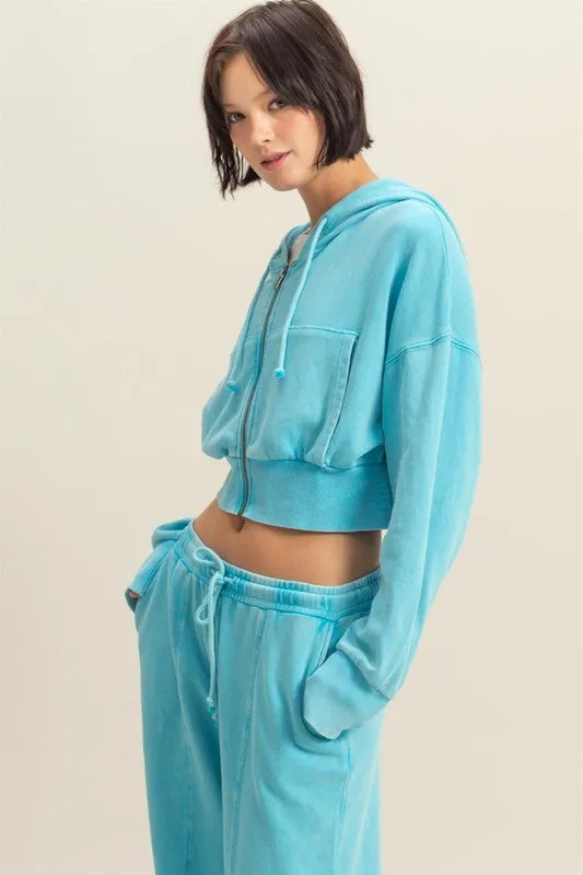 HYFVE Drawstring Zip Up Washed Cropped Hoodie