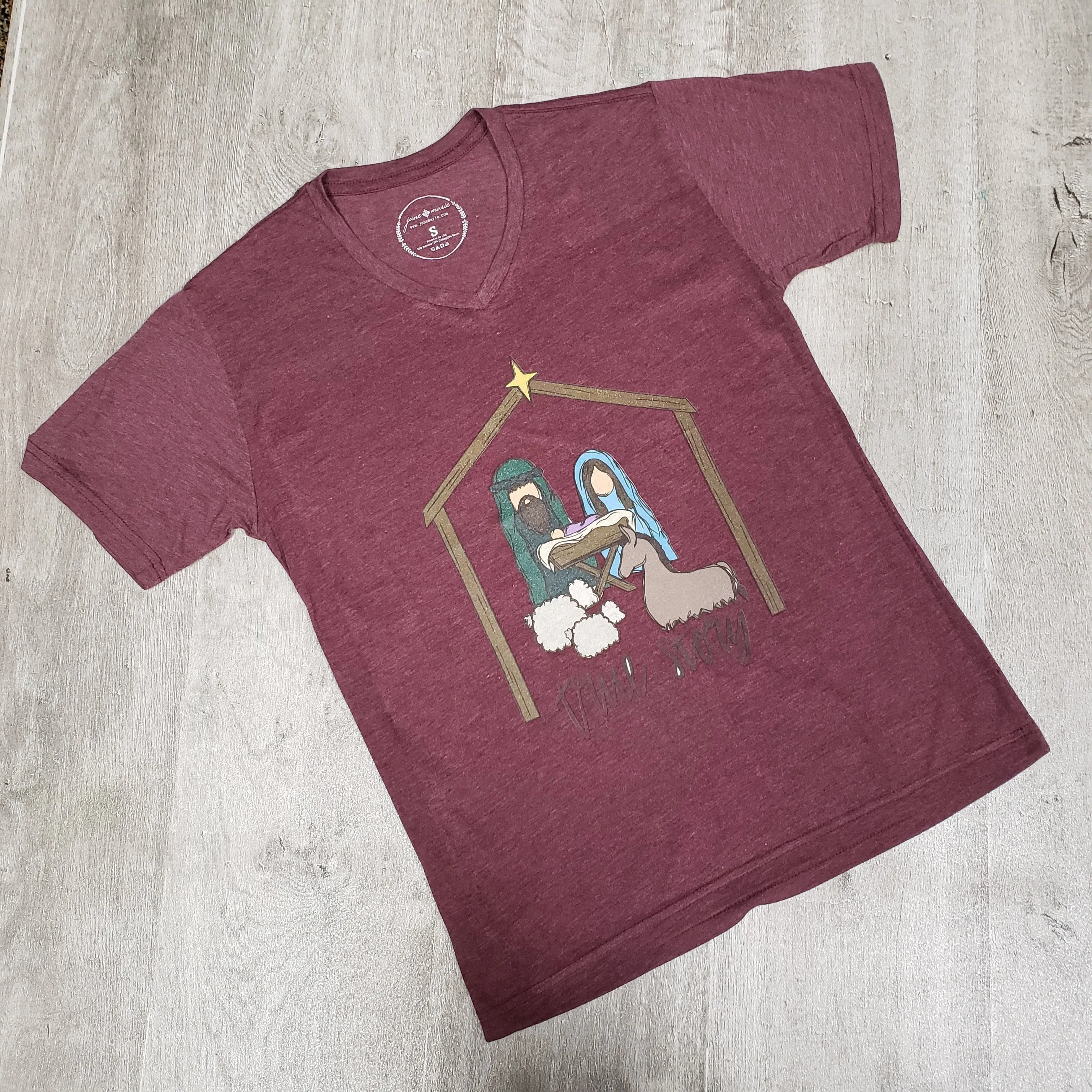 Jane Marie True Story Manger Scene Maroon V-Neck T-Shirt