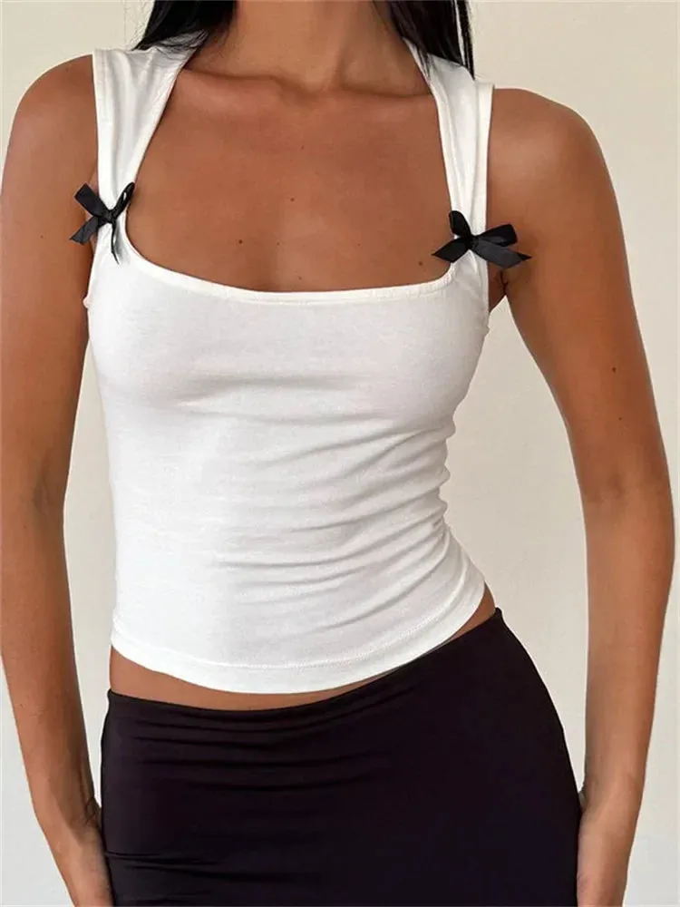JazzHer 2024 Black Bow Patchwork Sleeveless Mini Vest Summer Fashion Slim Fit White Camis Cropped Streetwear  Crop Tops