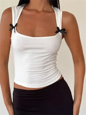 JazzHer 2024 Black Bow Patchwork Sleeveless Mini Vest Summer Fashion Slim Fit White Camis Cropped Streetwear  Crop Tops