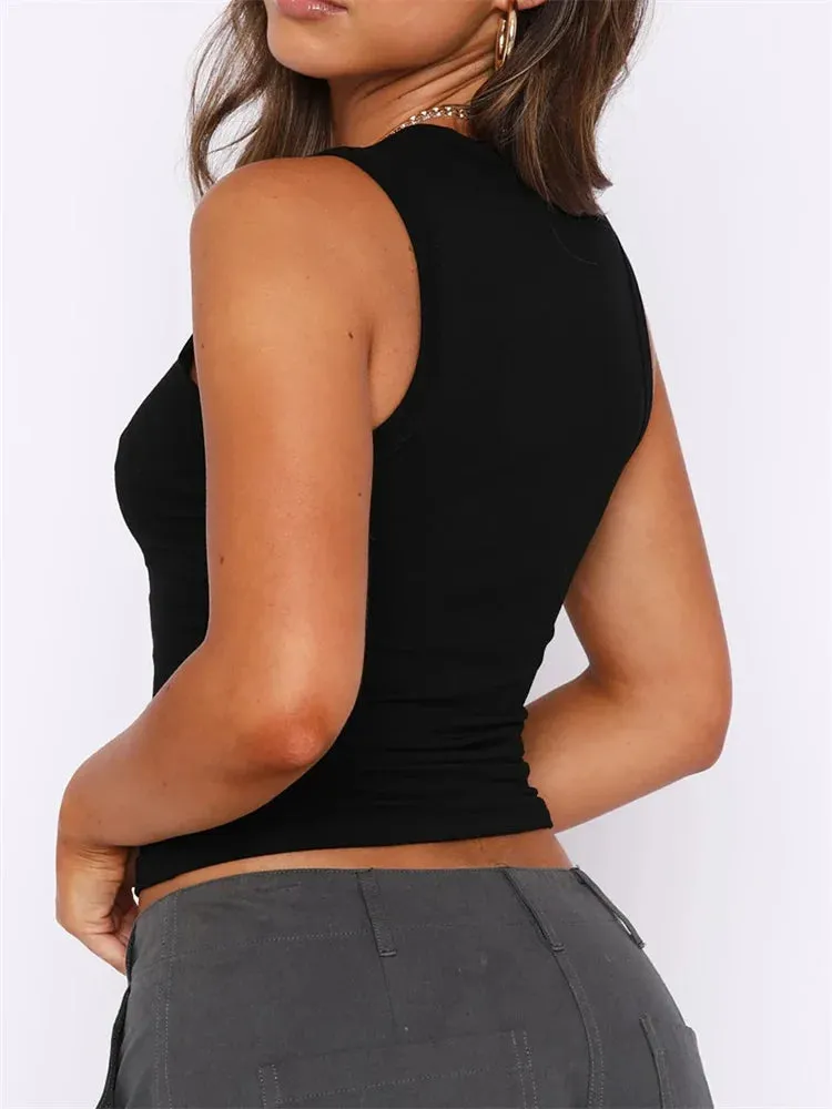 JazzHer 2024 Casual Sleeveless Solid Color Slim Fit Pullovers Mini Vest Female Base Tank Tops Crop Tops