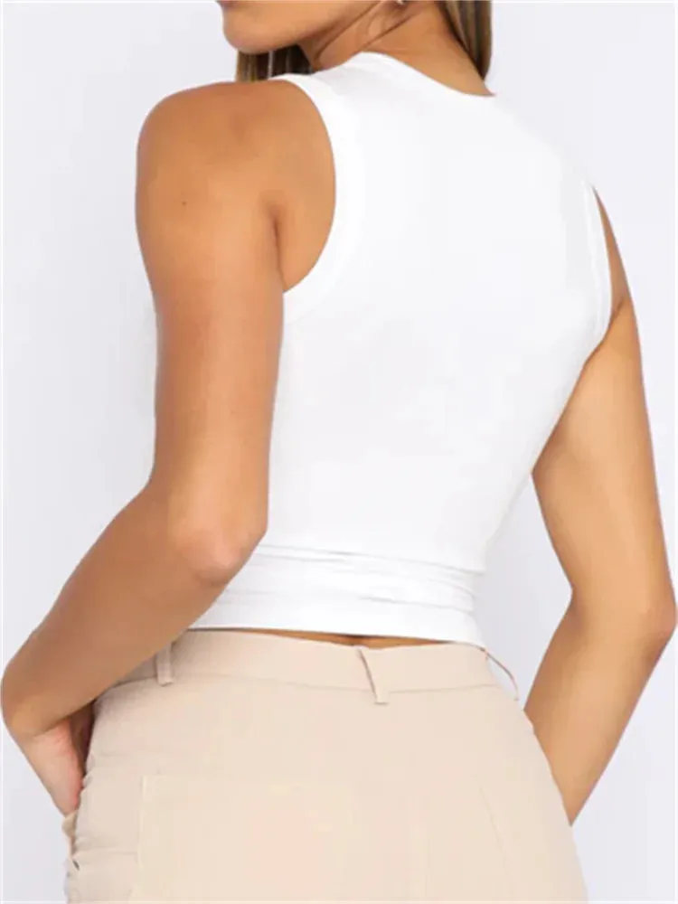 JazzHer 2024 Casual Sleeveless Solid Color Slim Fit Pullovers Mini Vest Female Base Tank Tops Crop Tops