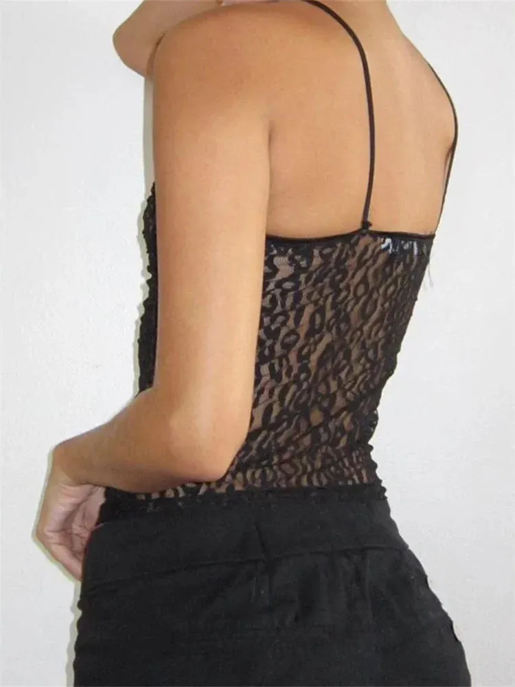 JazzHer 2024 Mesh Sheer Lace Camisoles Spaghetti Strap Sleeveless Backless Tank Summer Mini Vest Streetwear  Crop Tops