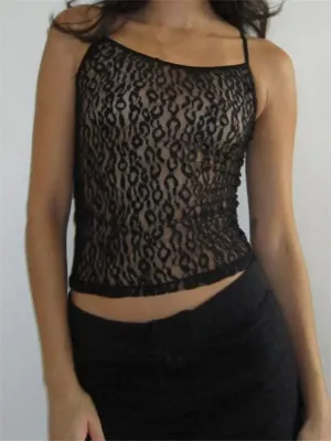JazzHer 2024 Mesh Sheer Lace Camisoles Spaghetti Strap Sleeveless Backless Tank Summer Mini Vest Streetwear  Crop Tops