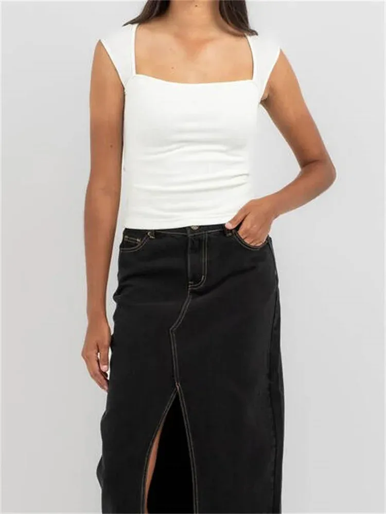 JazzHer 2024 Slim Fit Sleeveless White Square Neck Low Cut Vest Cropped Party Streetwear Crop Tops