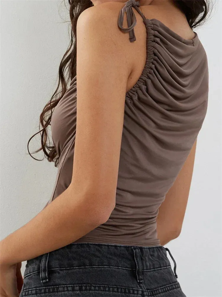 JazzHer 2024 Solid Color Tank Sleeveless Asymmetrical Neck Ruched Slim Fit Summer Cropped Mini Vest Clubwear  Crop Tops
