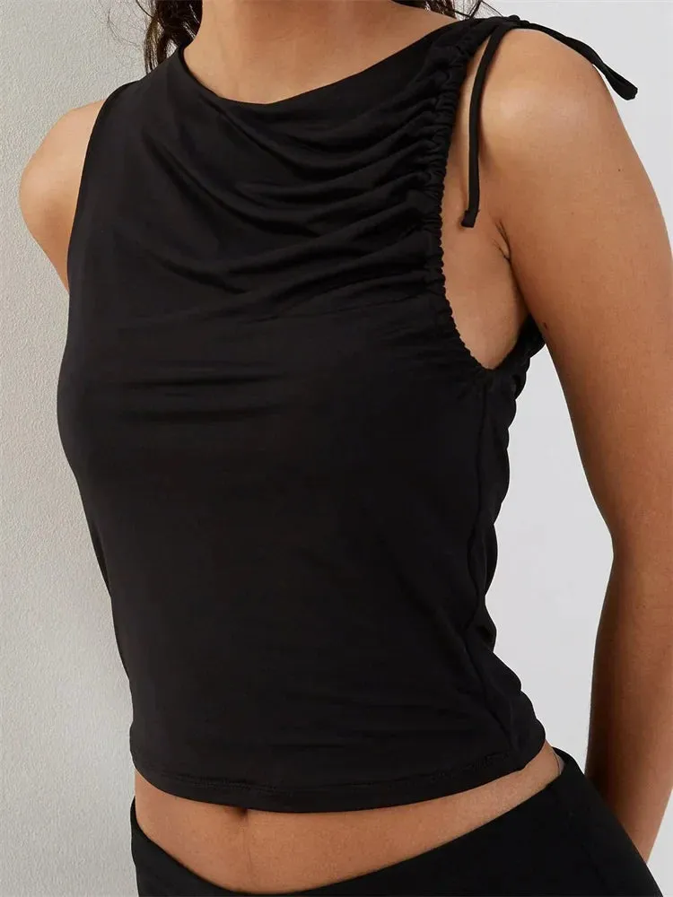 JazzHer 2024 Solid Color Tank Sleeveless Asymmetrical Neck Ruched Slim Fit Summer Cropped Mini Vest Clubwear  Crop Tops