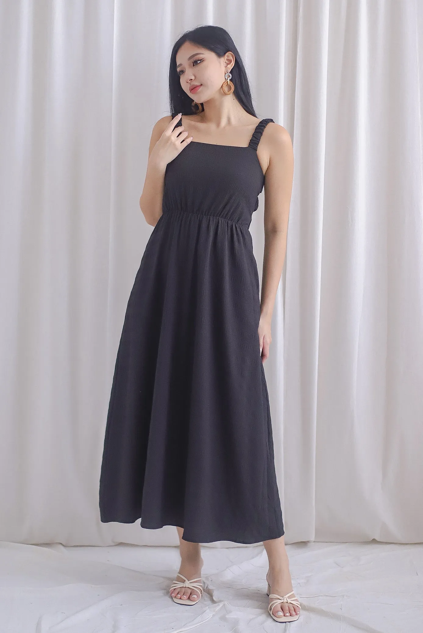 Kennedy Ruched Strap Ladder Back Dress In Black