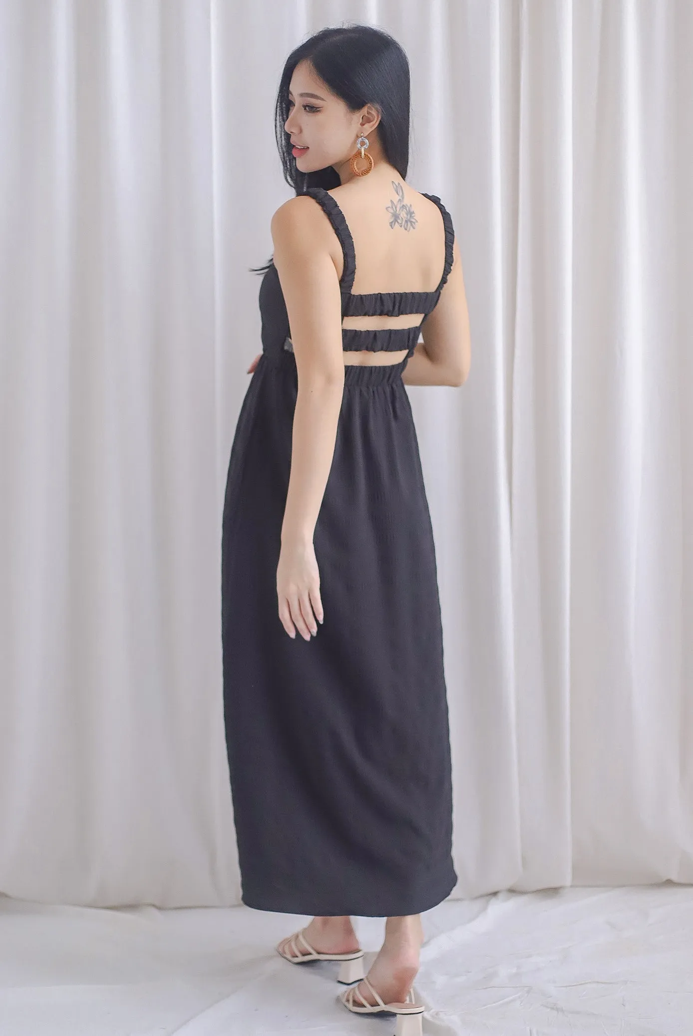 Kennedy Ruched Strap Ladder Back Dress In Black