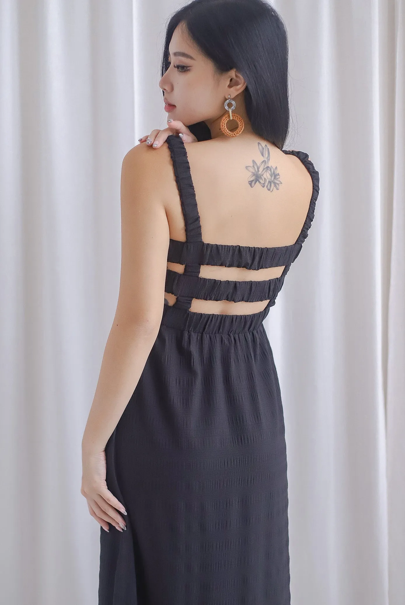 Kennedy Ruched Strap Ladder Back Dress In Black