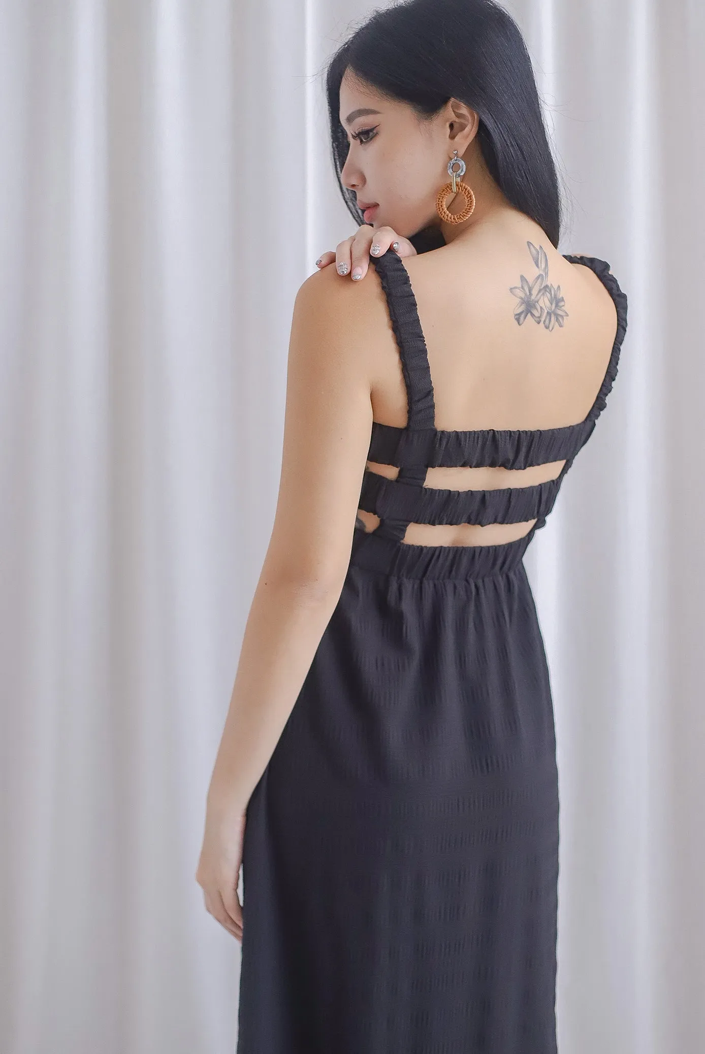 Kennedy Ruched Strap Ladder Back Dress In Black