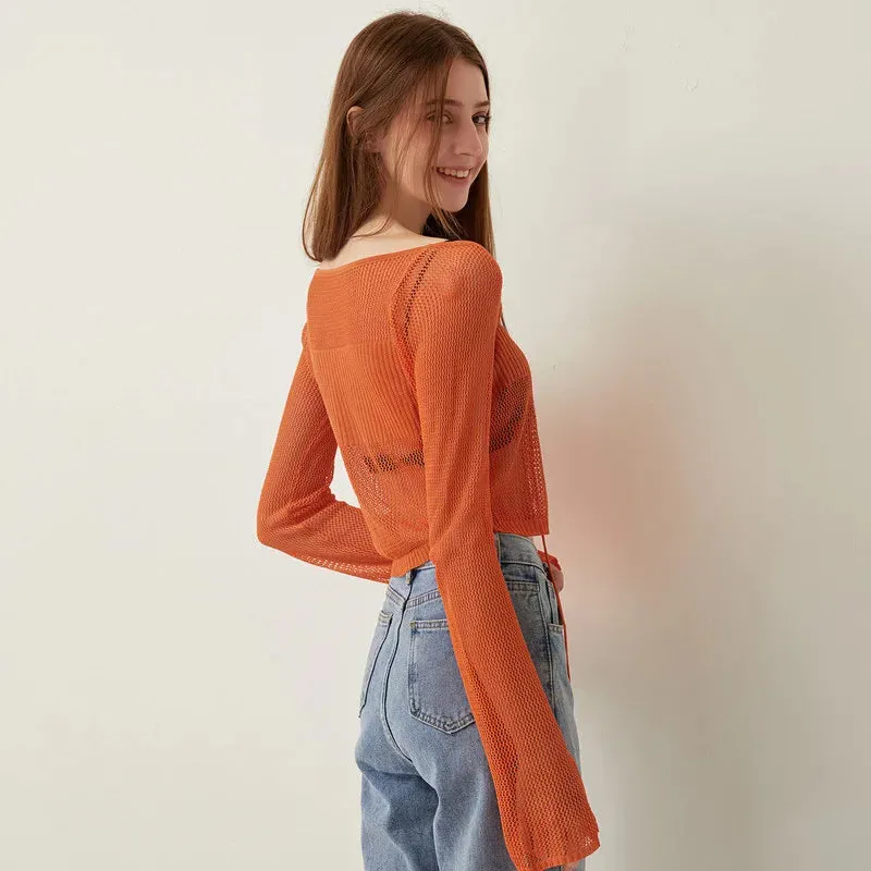 Knit Sheer Tie Up Front Top