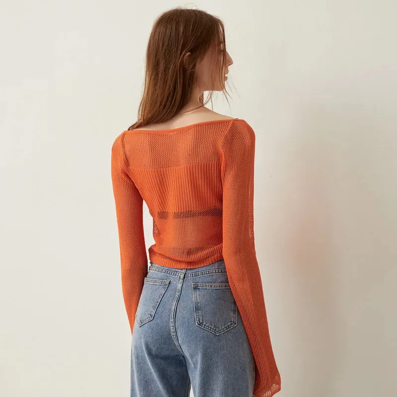 Knit Sheer Tie Up Front Top