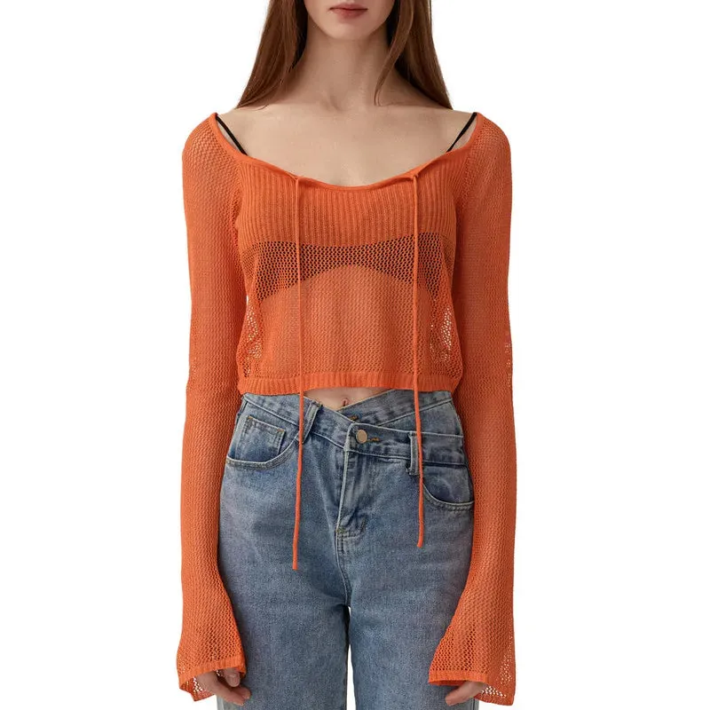 Knit Sheer Tie Up Front Top