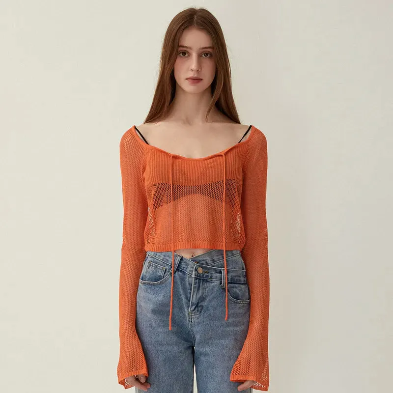 Knit Sheer Tie Up Front Top