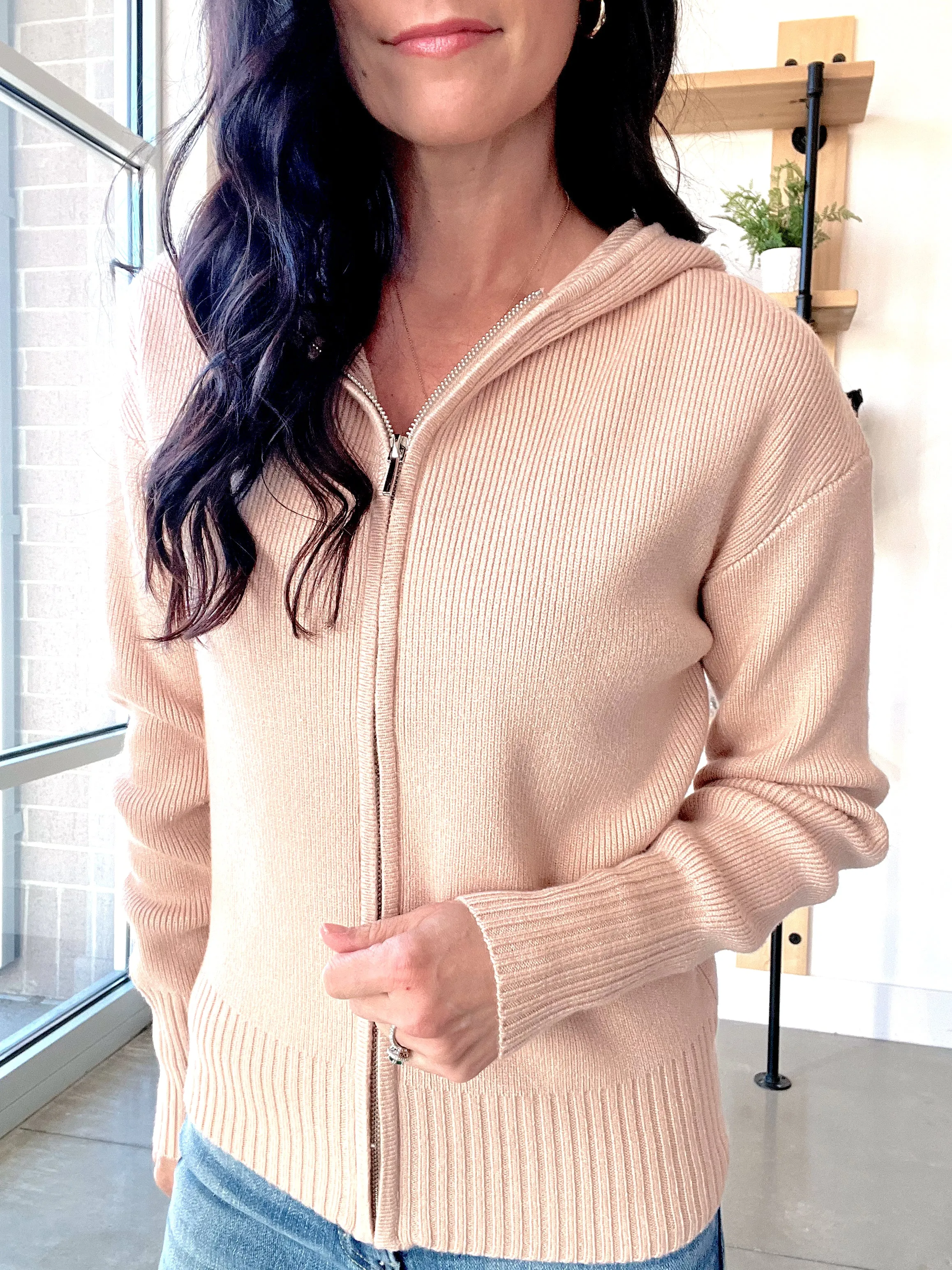 Knit Zip Up Hoodie in Beige