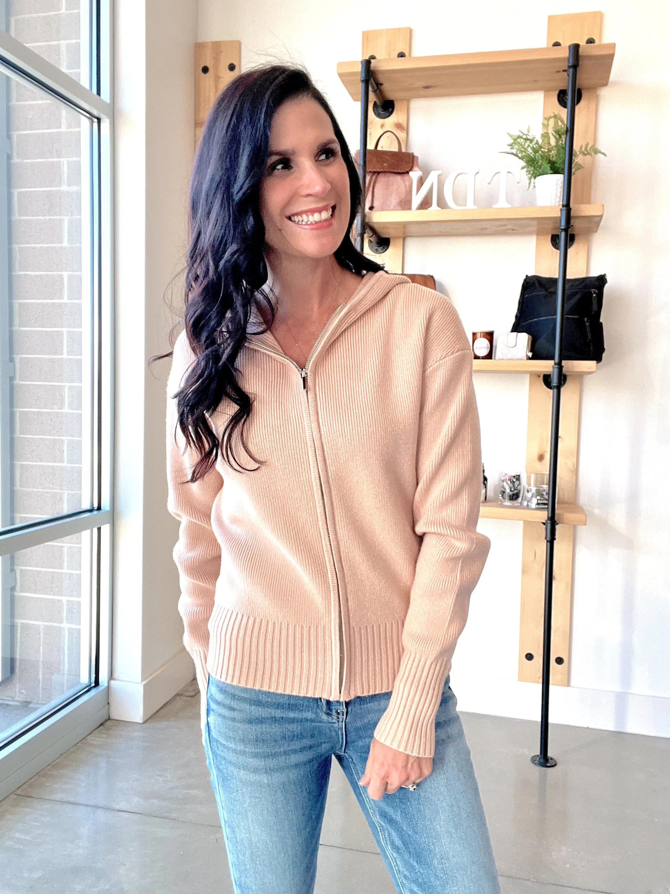 Knit Zip Up Hoodie in Beige