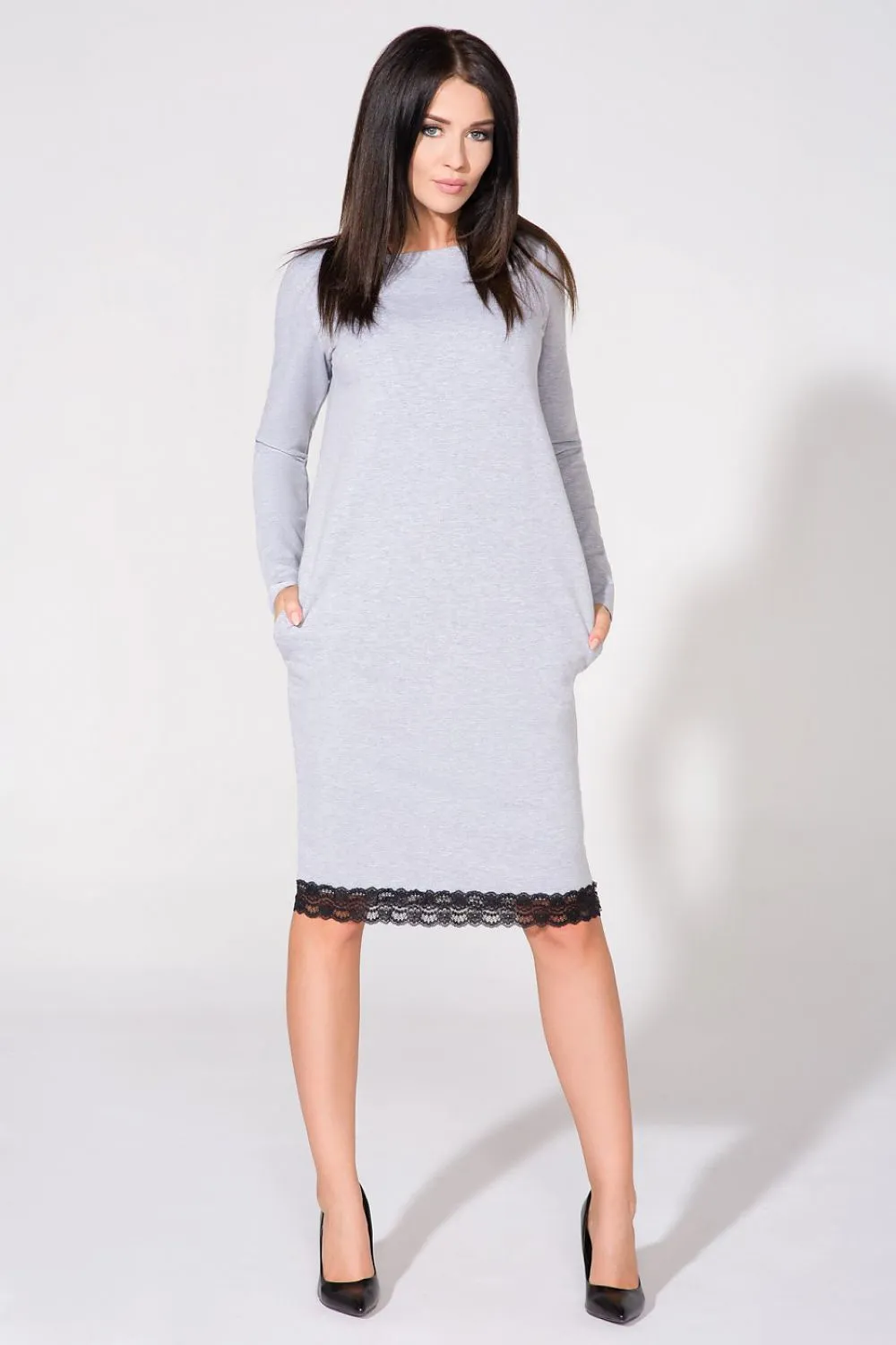 Lace-Trimmed Knitted Sweatshirt Dress