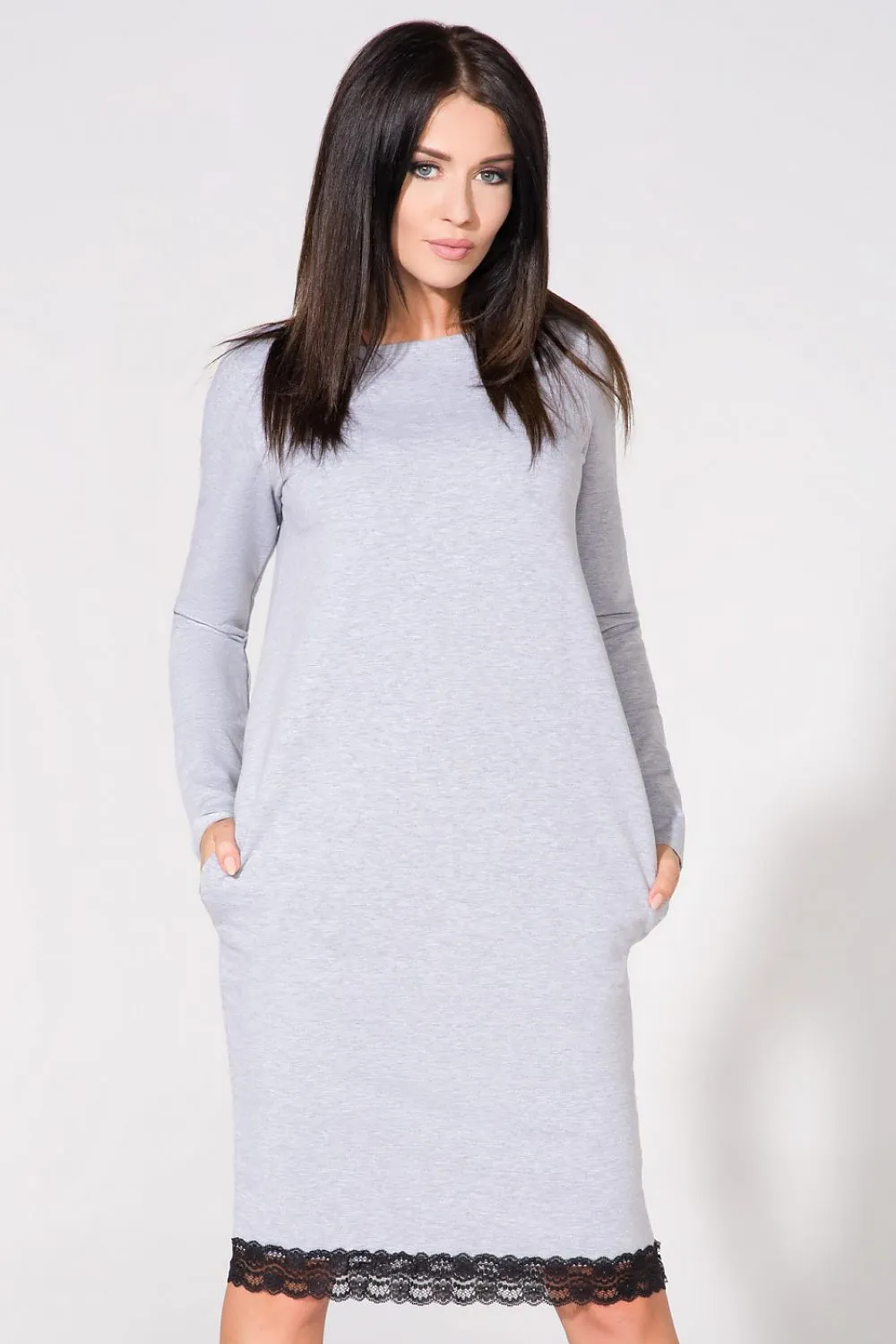 Lace-Trimmed Knitted Sweatshirt Dress