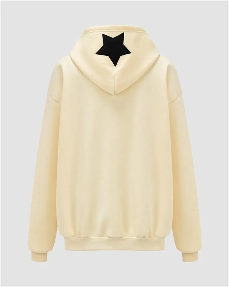Letter Star Patched Zip Up Hoodie