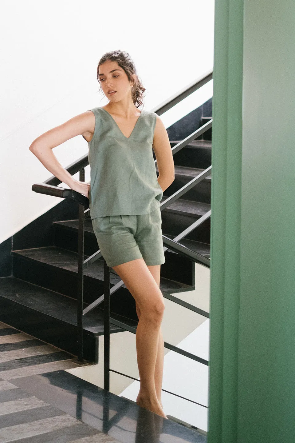 Linen Co-ord Set with V Neck Tank and Tailored Shorts