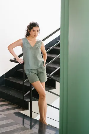 Linen Co-ord Set with V Neck Tank and Tailored Shorts
