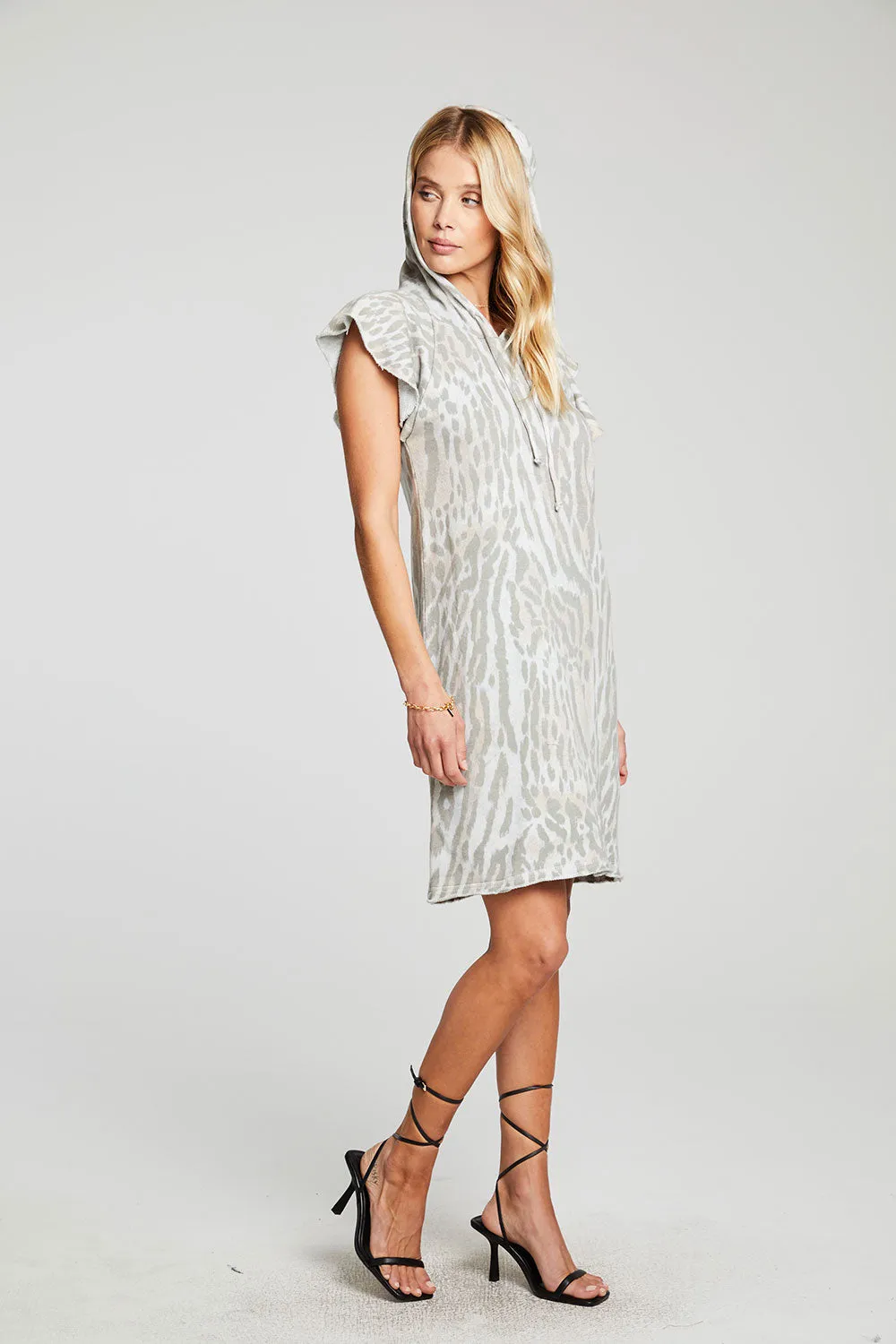 Linen French Terry Flutter Sleeve Hooded Sweatshirt Dress