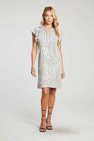 Linen French Terry Flutter Sleeve Hooded Sweatshirt Dress