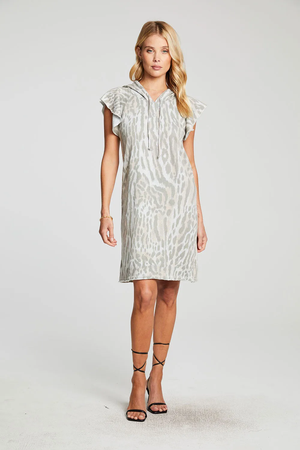 Linen French Terry Flutter Sleeve Hooded Sweatshirt Dress