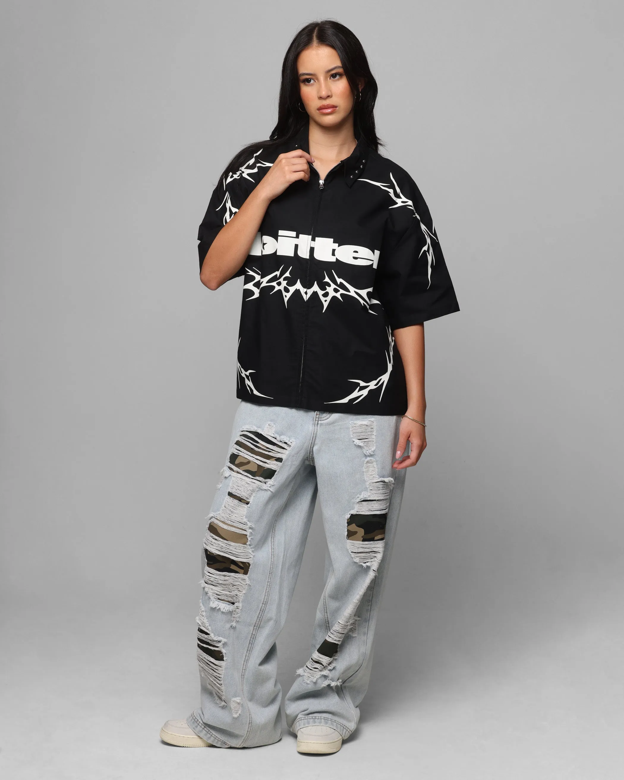 Loiter Cyber Zip Up Short Sleeve Shirt Black