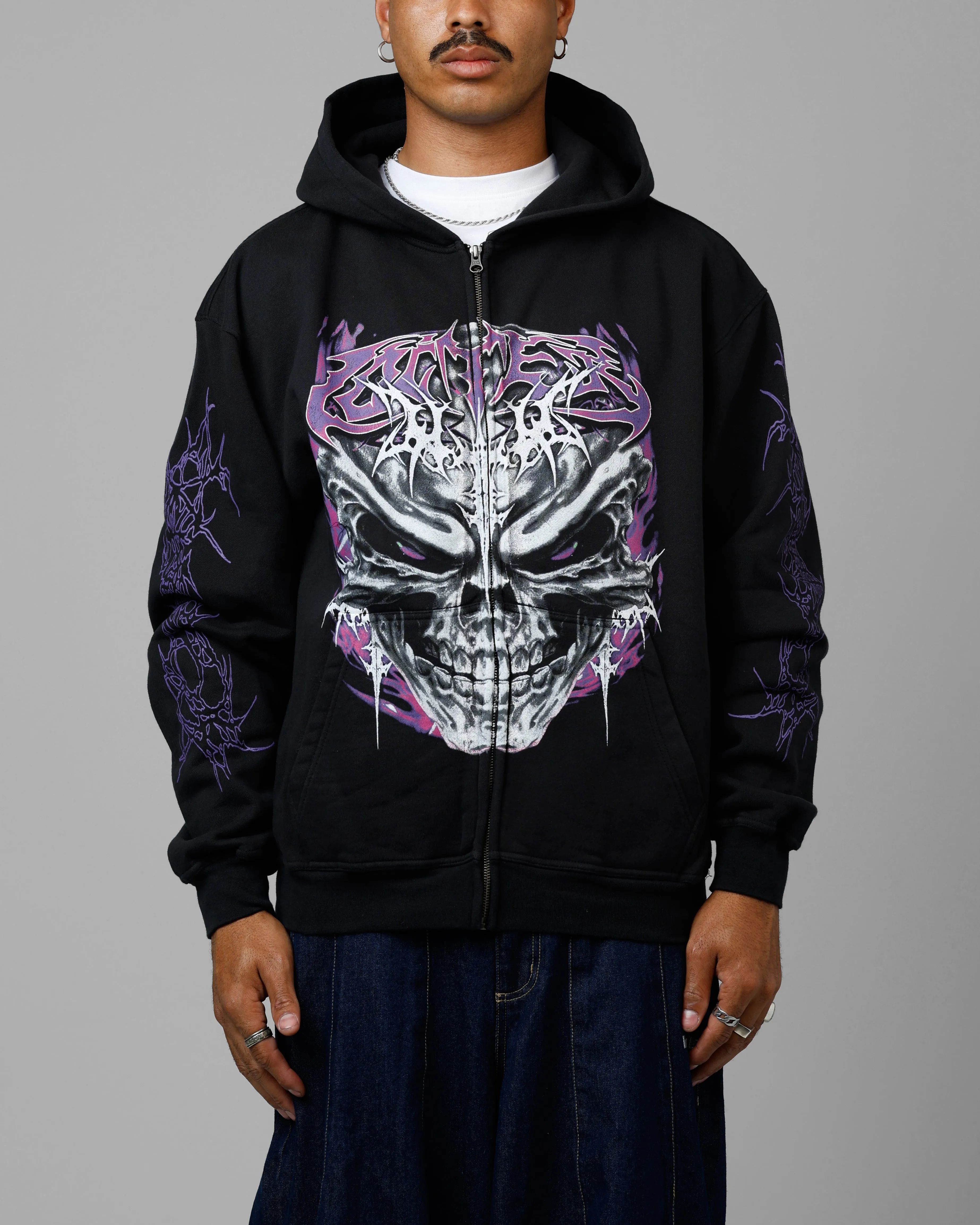 Loiter Tribal Skull Zip Up Hoodie Black