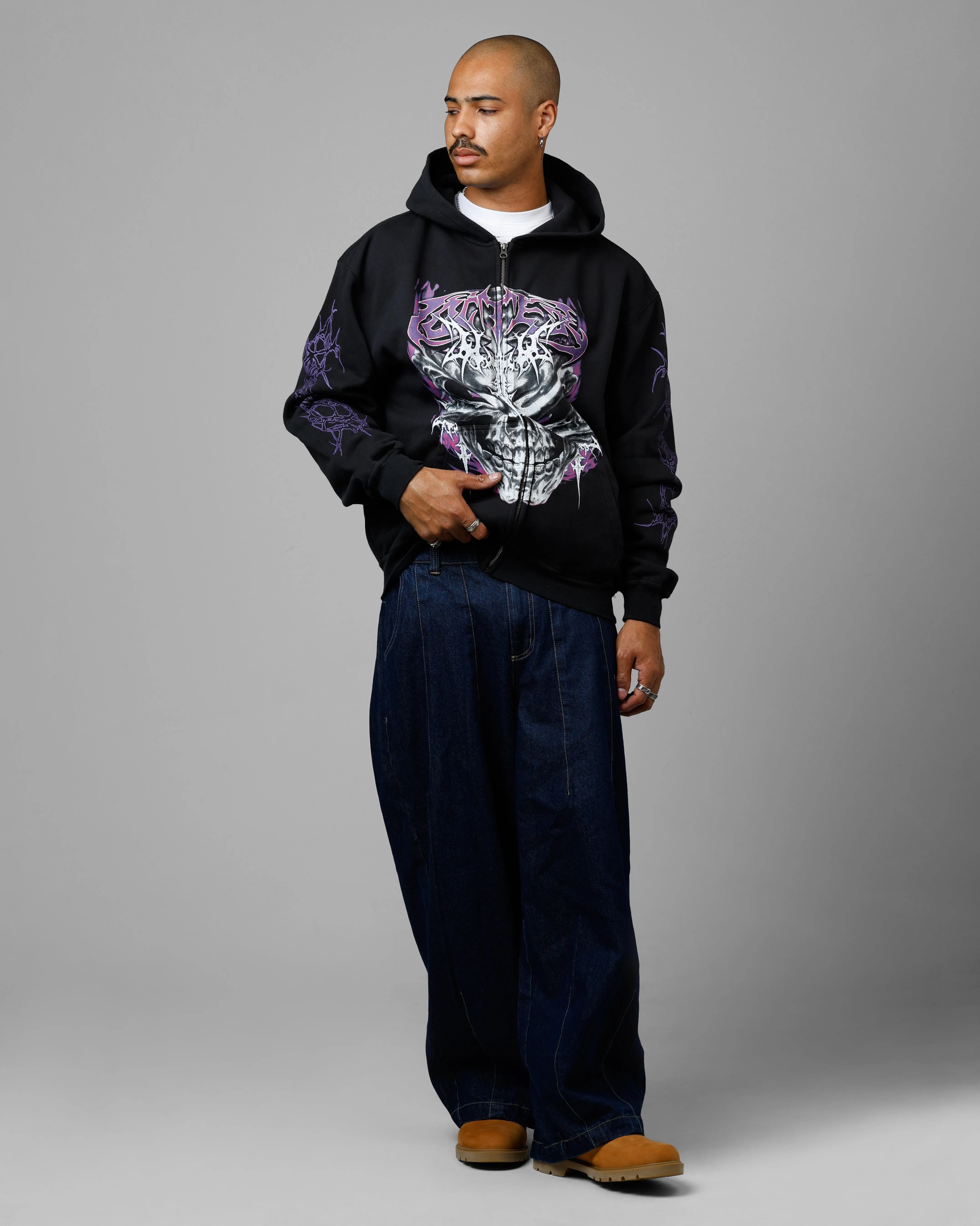 Loiter Tribal Skull Zip Up Hoodie Black
