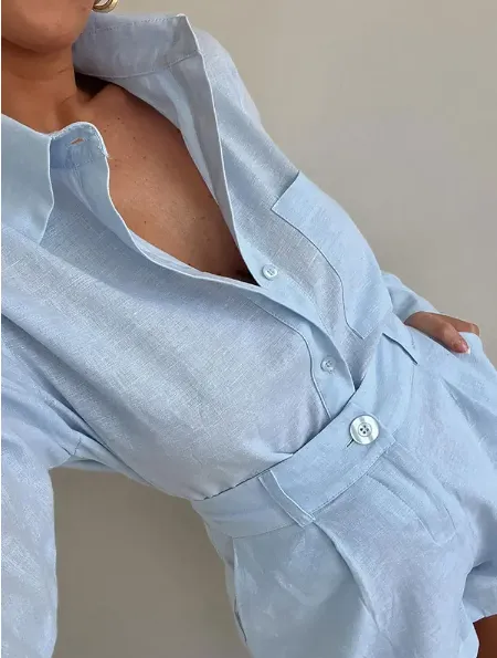 Long Sleeve Button Shirt and Tailored Shorts Set
